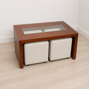 Mesa Ratona de Living Artesanal en Madera con 2 puff a Medida Personalizada