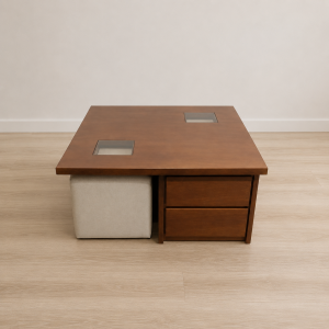 Mesa Ratona de Living Artesanal en Madera con 3 Puff y Cajones A Medida Personalizada